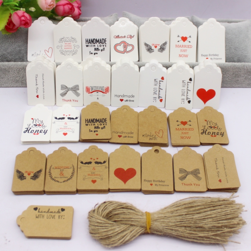 Kraft Hang Tag - 100pcs+100string 3x5cm 흰색/크래프트 종이. 라벨 행택을
